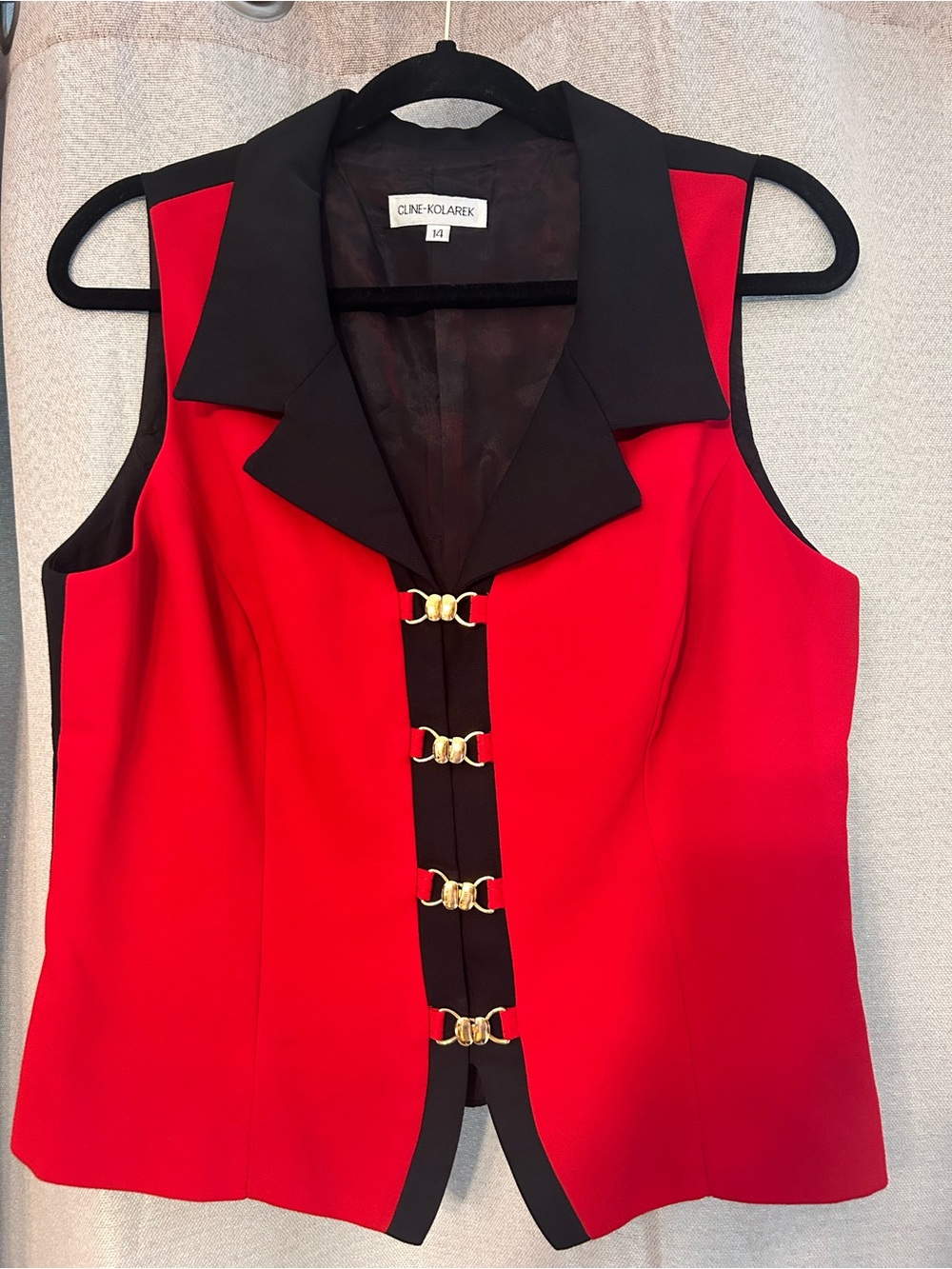 Vintage Cline Kolarek Red & Black Vest Hook-Front Top 14 Holiday Piece